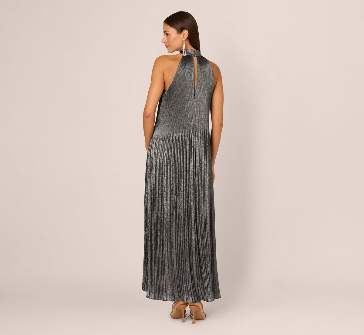 Pleated Metallic High Low Maxi Halter Dress - Gunmetal Black | Adrianna Papell