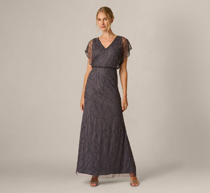 Beaded Blouson Mermaid Gown With Sheer Dolman Sleeves - Gunmetal | Adrianna Papell