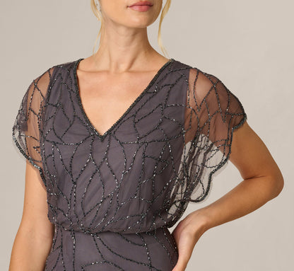 Beaded Blouson Mermaid Gown With Sheer Dolman Sleeves - Gunmetal | Adrianna Papell