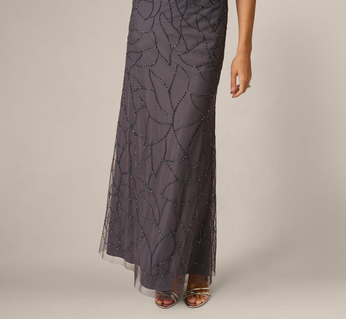 Beaded Blouson Mermaid Gown With Sheer Dolman Sleeves - Gunmetal | Adrianna Papell
