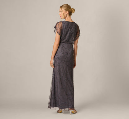Beaded Blouson Mermaid Gown With Sheer Dolman Sleeves - Gunmetal | Adrianna Papell