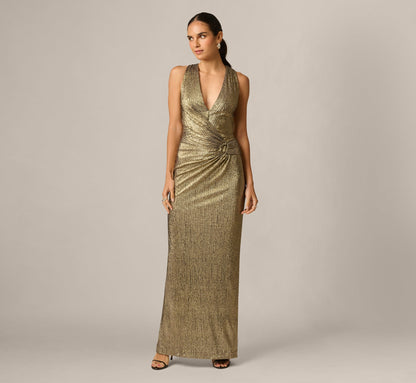 Textured Metallic Knit Plunge Neck Gown - Gold | Adrianna Papell