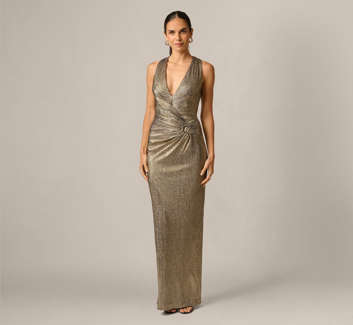 Textured Metallic Knit Plunge Neck Gown - Gold | Adrianna Papell