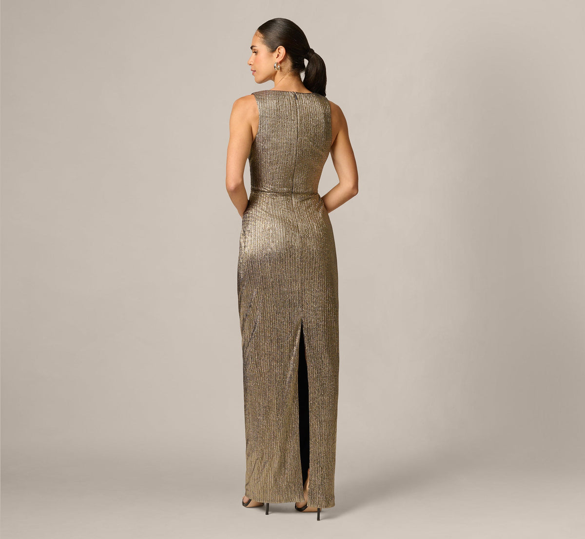 Textured Metallic Knit Plunge Neck Gown - Gold | Adrianna Papell