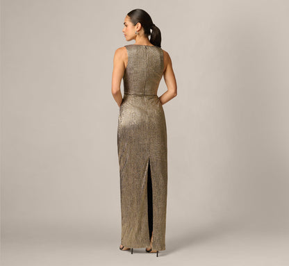 Textured Metallic Knit Plunge Neck Gown - Gold | Adrianna Papell