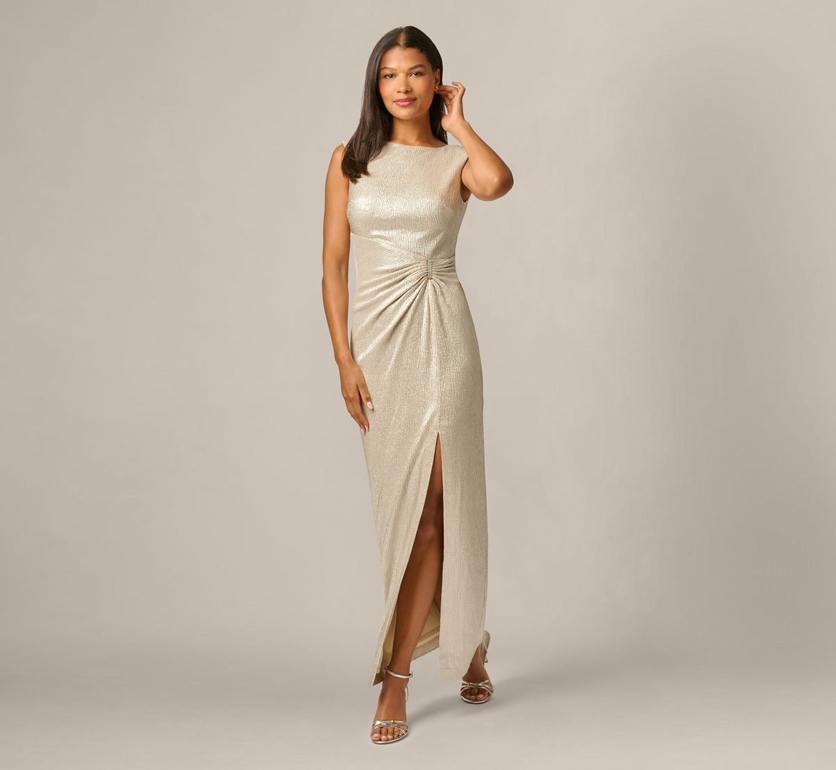 Metallic Brooch Draped Stretch Column Gown - Light Gold | Adrianna Papell