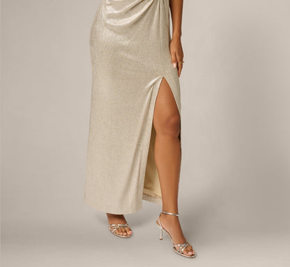 Metallic Brooch Draped Stretch Column Gown - Light Gold | Adrianna Papell