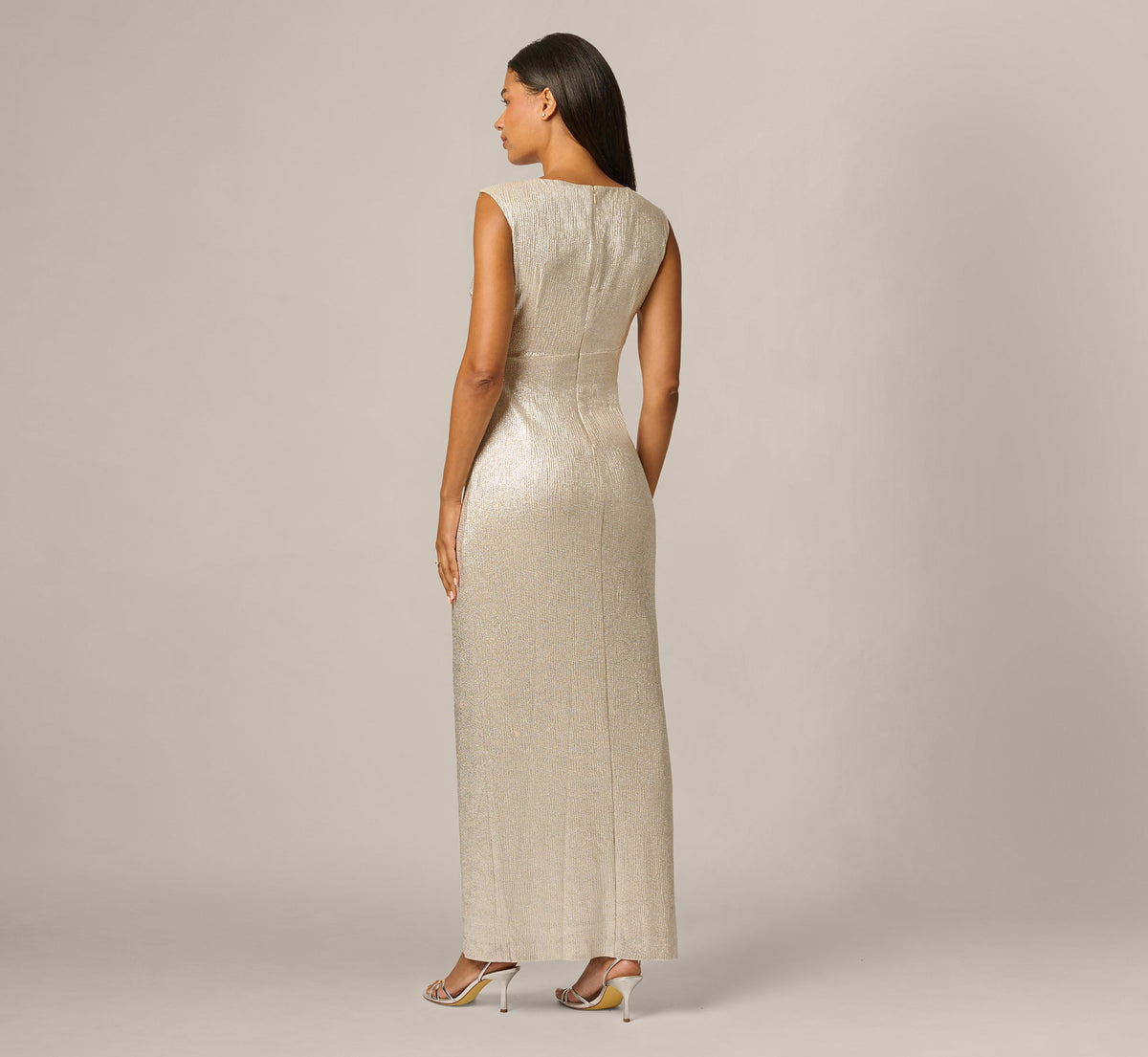 Metallic Brooch Draped Stretch Column Gown - Light Gold | Adrianna Papell