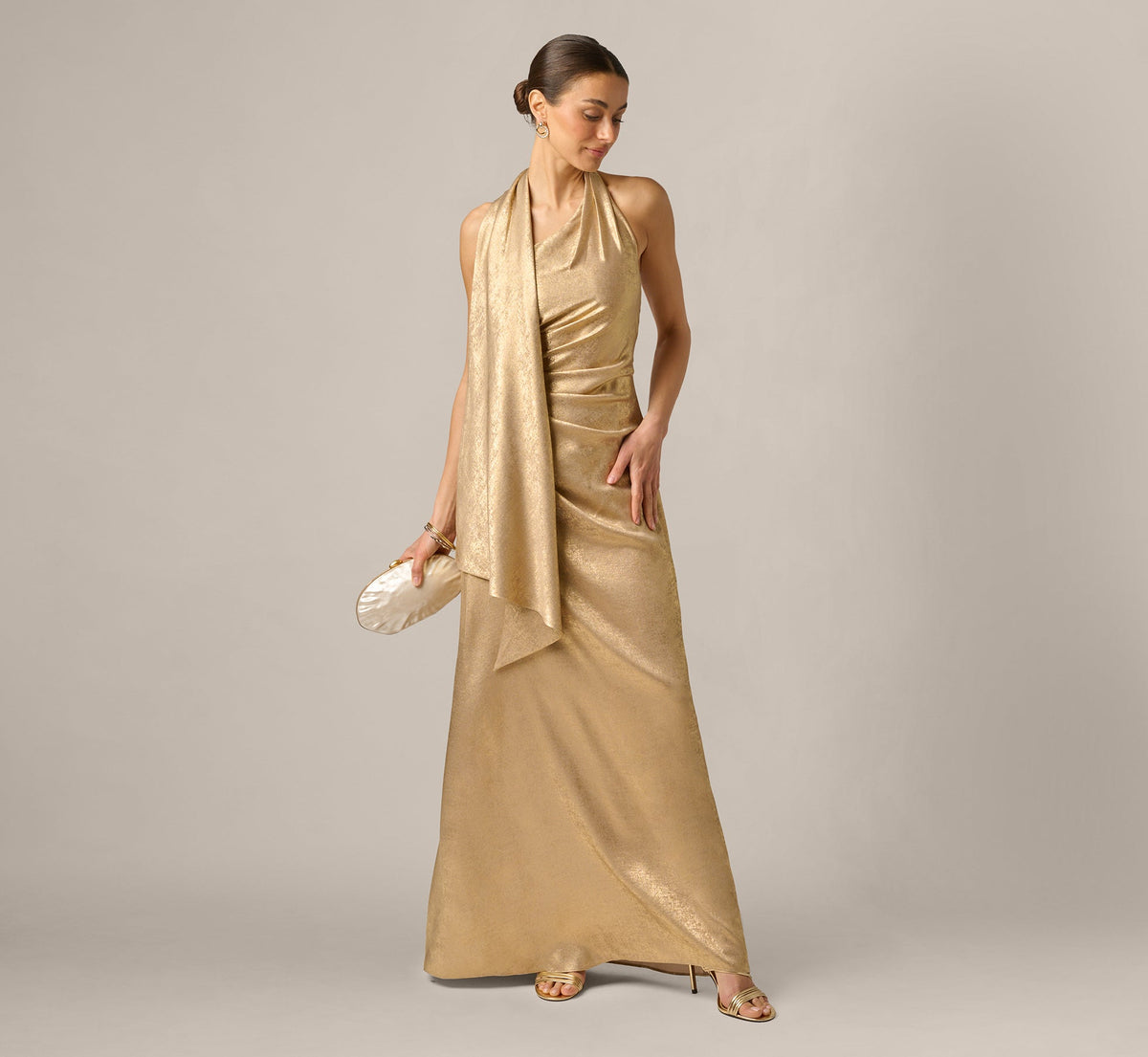 Foil Chiffon Scarf Halter Gown - Light Gold | Adrianna Papell