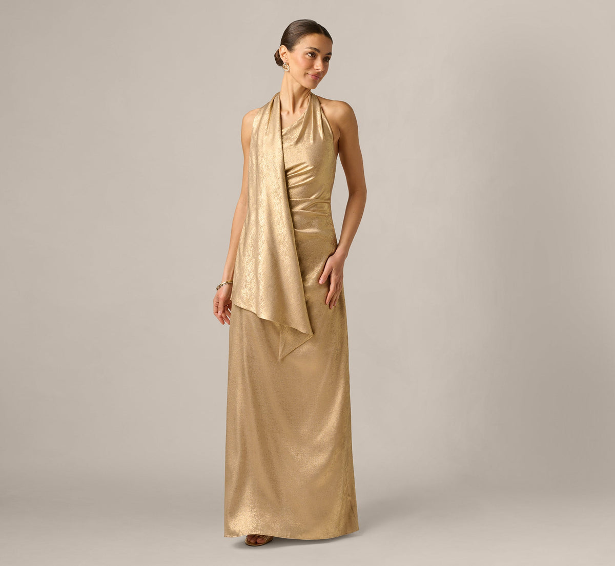 Foil Chiffon Scarf Halter Gown - Light Gold | Adrianna Papell