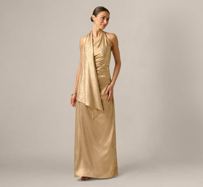 Foil Chiffon Scarf Halter Gown - Light Gold | Adrianna Papell