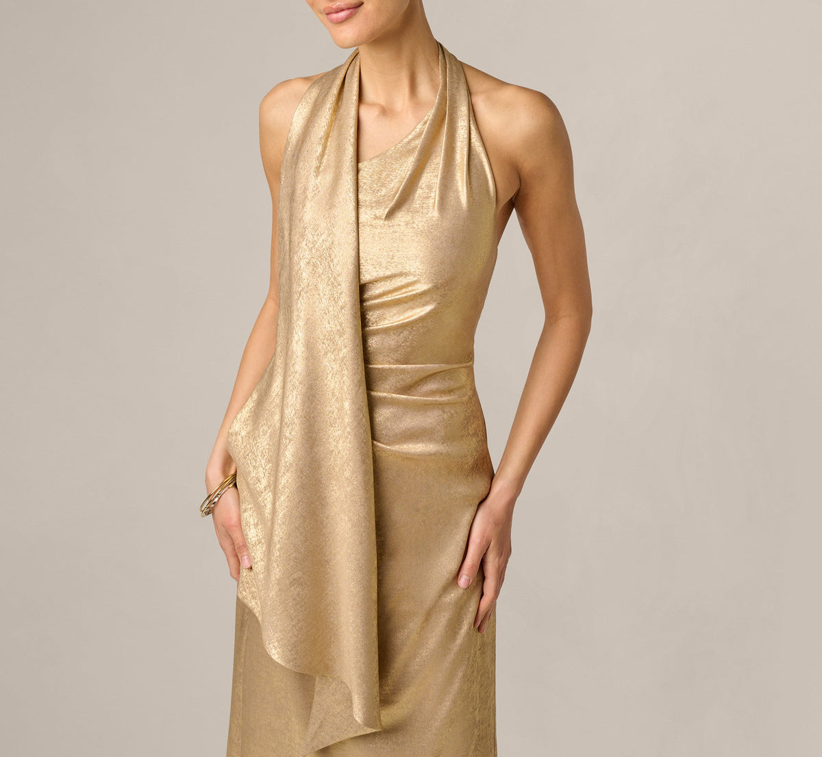 Foil Chiffon Scarf Halter Gown - Light Gold | Adrianna Papell