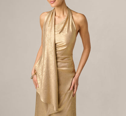 Foil Chiffon Scarf Halter Gown - Light Gold | Adrianna Papell