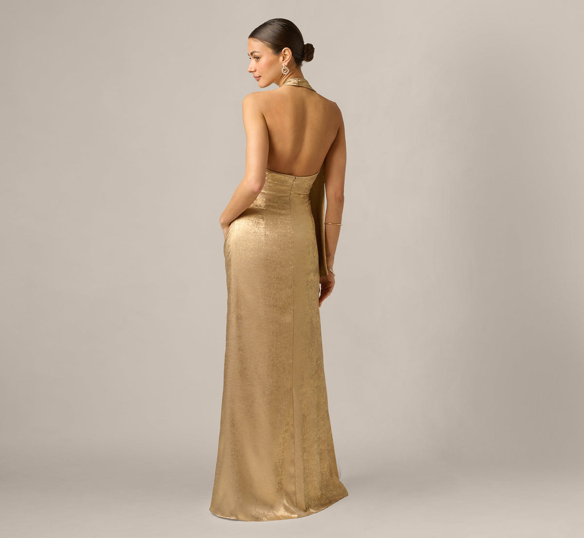 Foil Chiffon Scarf Halter Gown - Light Gold | Adrianna Papell