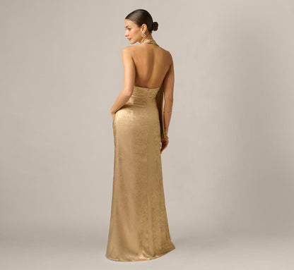 Foil Chiffon Scarf Halter Gown - Light Gold | Adrianna Papell