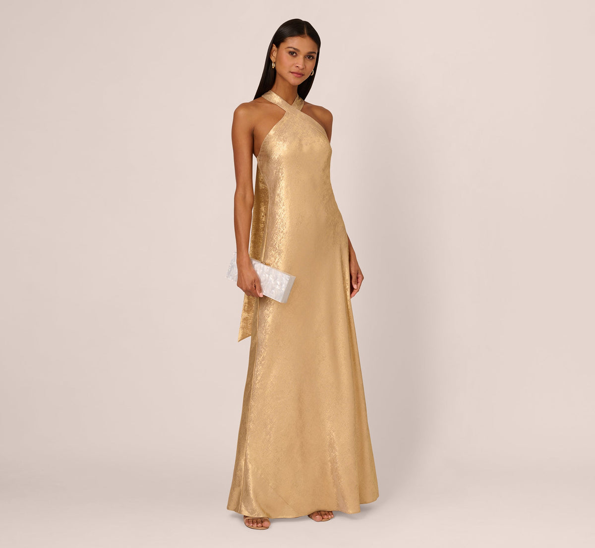 Foiled Mermaid Gown With Halter Neckline - Light Gold | Adrianna Papell