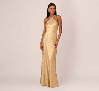 Foiled Mermaid Gown With Halter Neckline - Light Gold | Adrianna Papell