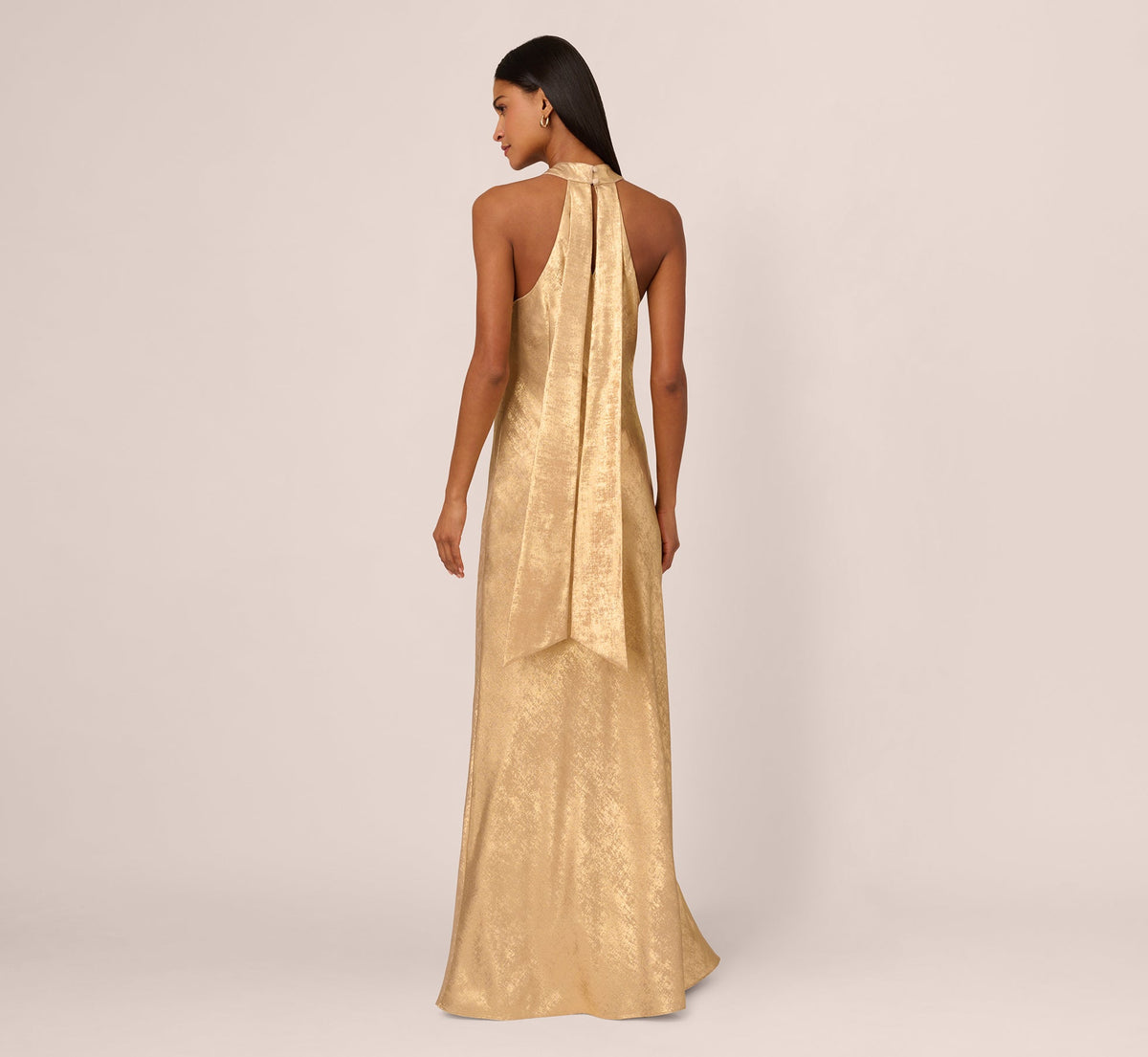 Foiled Mermaid Gown With Halter Neckline - Light Gold | Adrianna Papell