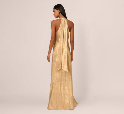 Foiled Mermaid Gown With Halter Neckline - Light Gold | Adrianna Papell
