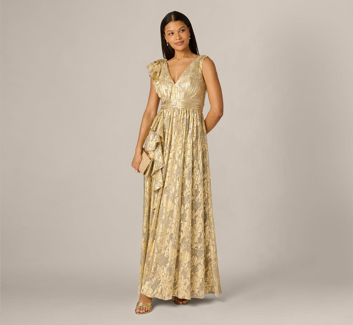 Sleeveless Metallic Crinkle Ruffle Gown - Champagne Gold | Adrianna Papell