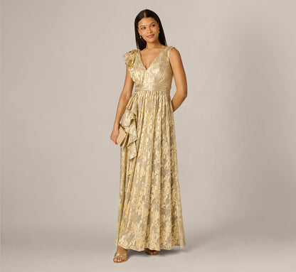 Sleeveless Metallic Crinkle Ruffle Gown - Champagne Gold | Adrianna Papell