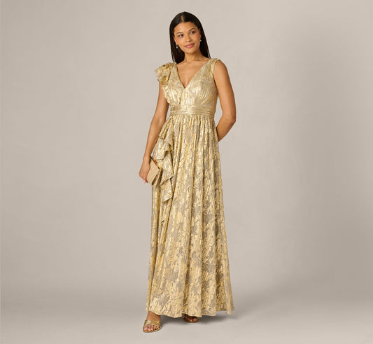 Sleeveless Metallic Crinkle Ruffle Gown - Champagne Gold | Adrianna Papell