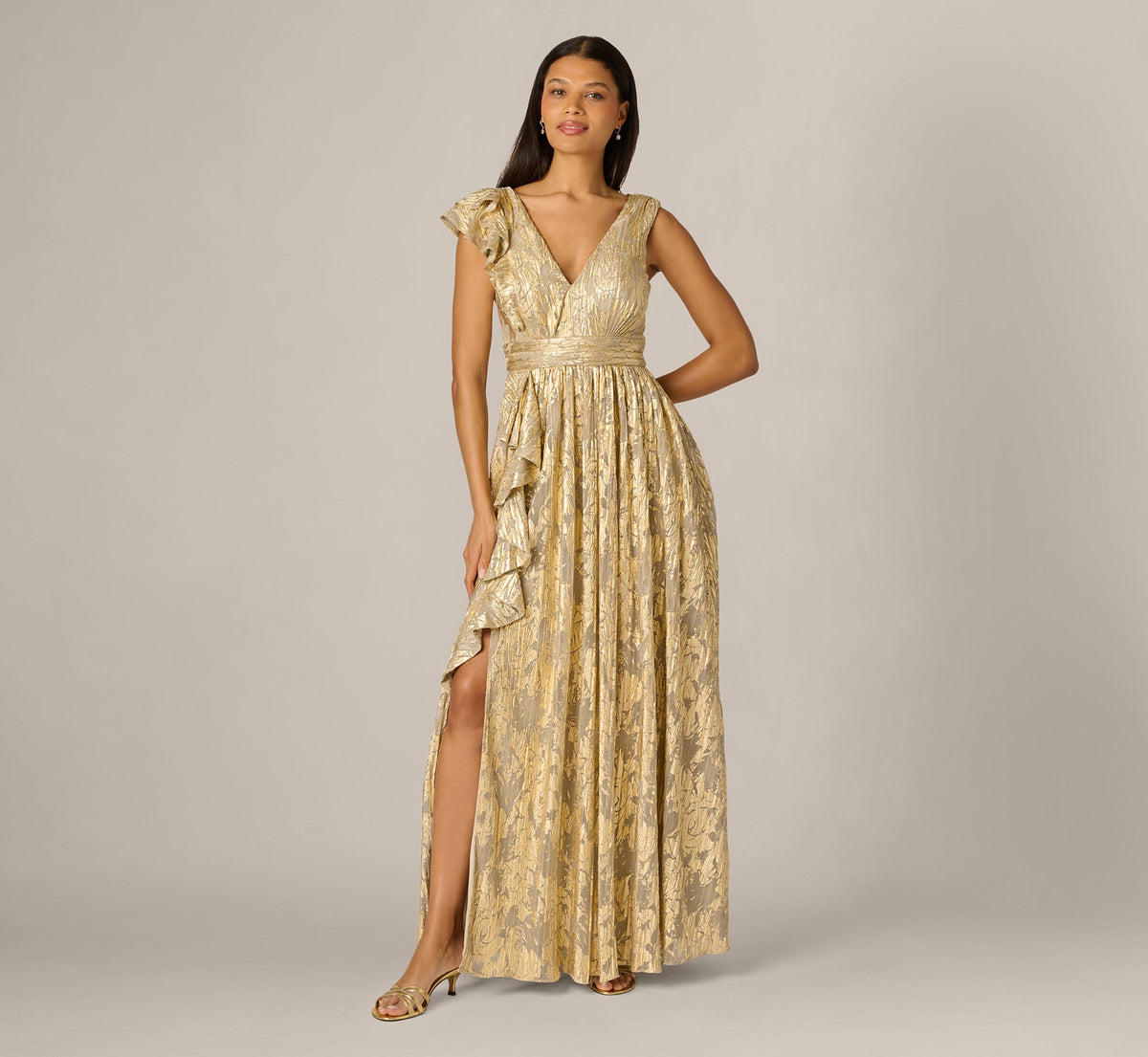Sleeveless Metallic Crinkle Ruffle Gown - Champagne Gold | Adrianna Papell