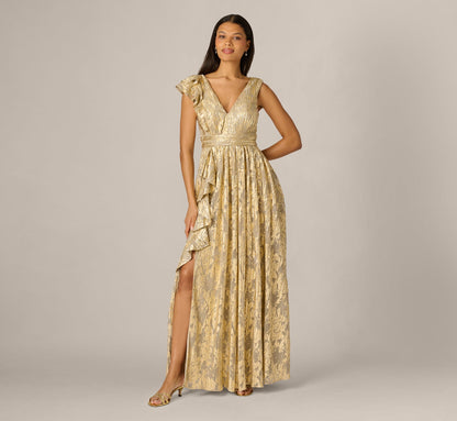 Sleeveless Metallic Crinkle Ruffle Gown - Champagne Gold | Adrianna Papell