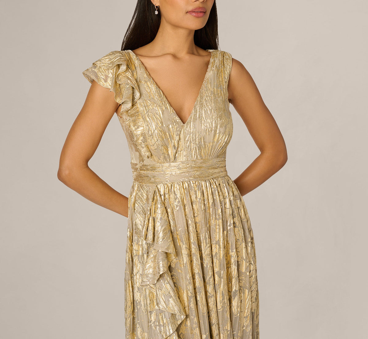 Sleeveless Metallic Crinkle Ruffle Gown - Champagne Gold | Adrianna Papell