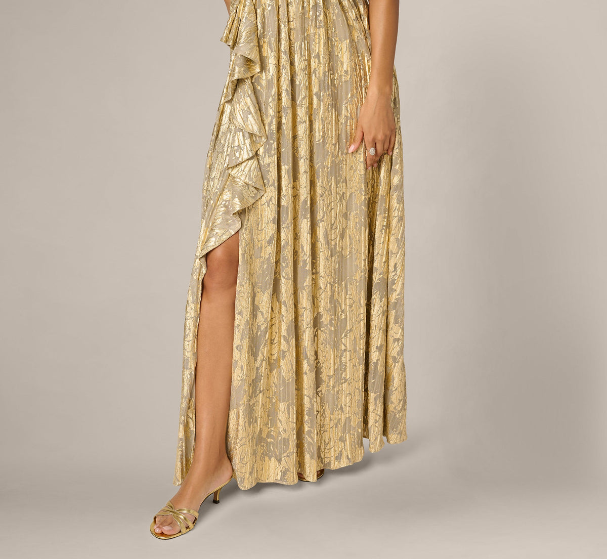 Sleeveless Metallic Crinkle Ruffle Gown - Champagne Gold | Adrianna Papell