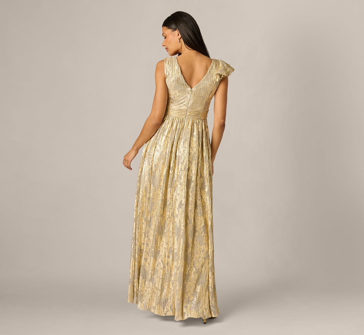 Sleeveless Metallic Crinkle Ruffle Gown - Champagne Gold | Adrianna Papell