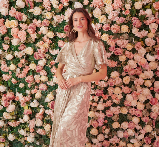 Foil Leaf Short Sleeve Gown With Draped Details - Champagne Gold | Adrianna Papell