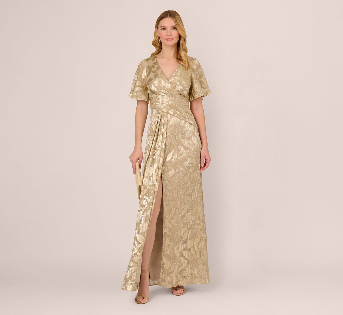 Foil Leaf Short Sleeve Gown With Draped Details - Champagne Gold | Adrianna Papell