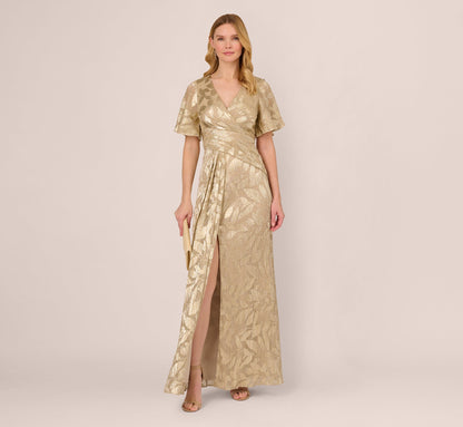 Foil Leaf Short Sleeve Gown With Draped Details - Champagne Gold | Adrianna Papell