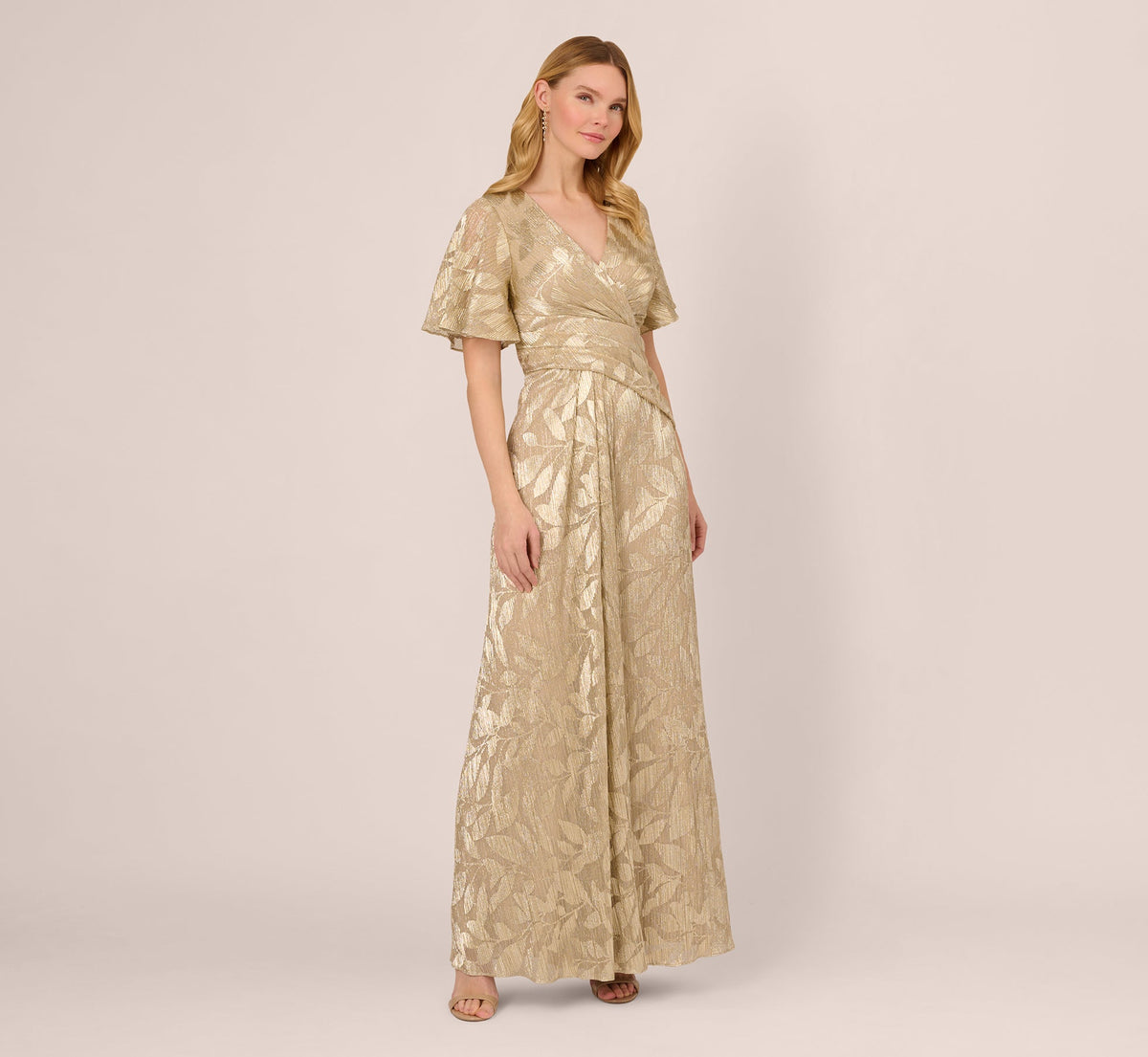 Foil Leaf Short Sleeve Gown With Draped Details - Champagne Gold | Adrianna Papell