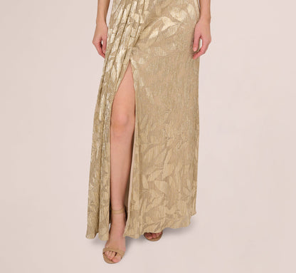 Foil Leaf Short Sleeve Gown With Draped Details - Champagne Gold | Adrianna Papell
