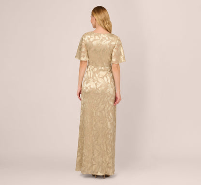 Foil Leaf Short Sleeve Gown With Draped Details - Champagne Gold | Adrianna Papell