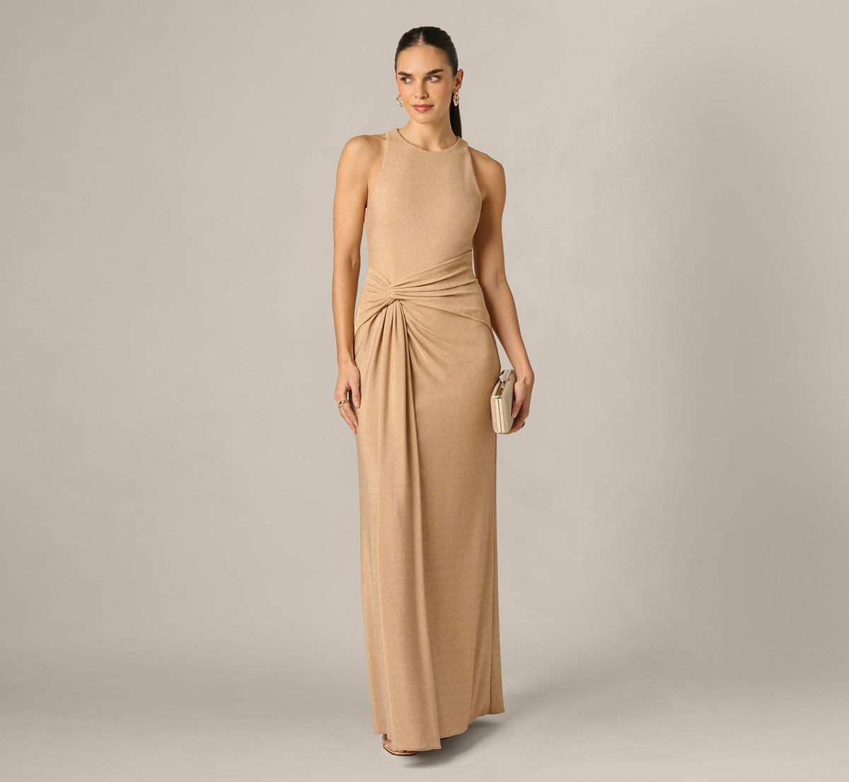 Metallic Stretch Knit Draped Gown - Light Gold | Adrianna Papell