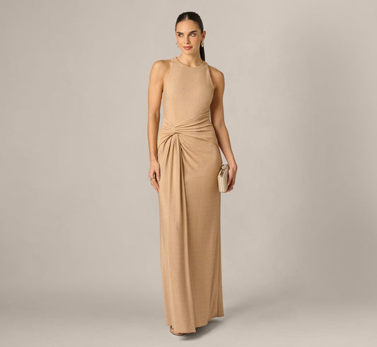 Metallic Stretch Knit Draped Gown - Light Gold | Adrianna Papell