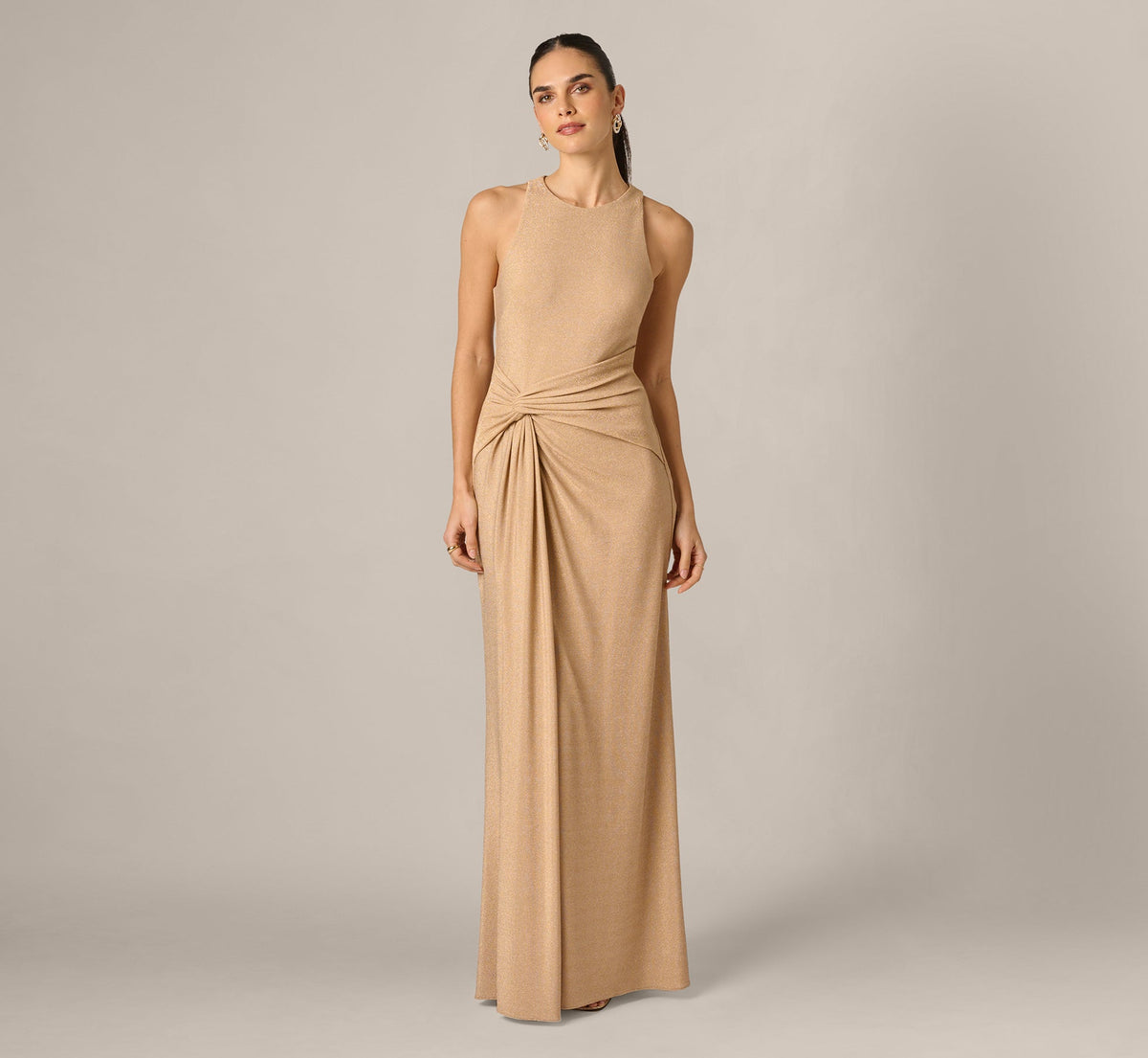 Metallic Stretch Knit Draped Gown - Light Gold | Adrianna Papell