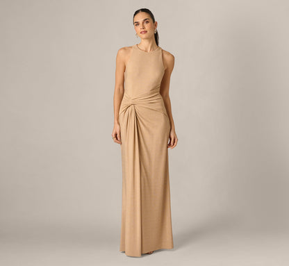Metallic Stretch Knit Draped Gown - Light Gold | Adrianna Papell