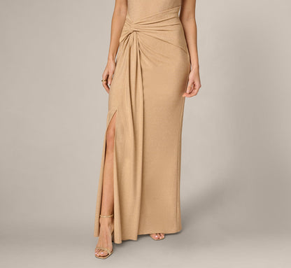 Metallic Stretch Knit Draped Gown - Light Gold | Adrianna Papell
