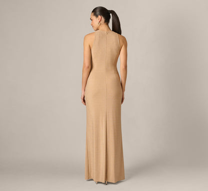 Metallic Stretch Knit Draped Gown - Light Gold | Adrianna Papell