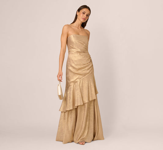 Strapless Foil Flounce Gown - Light Gold | Adrianna Papell
