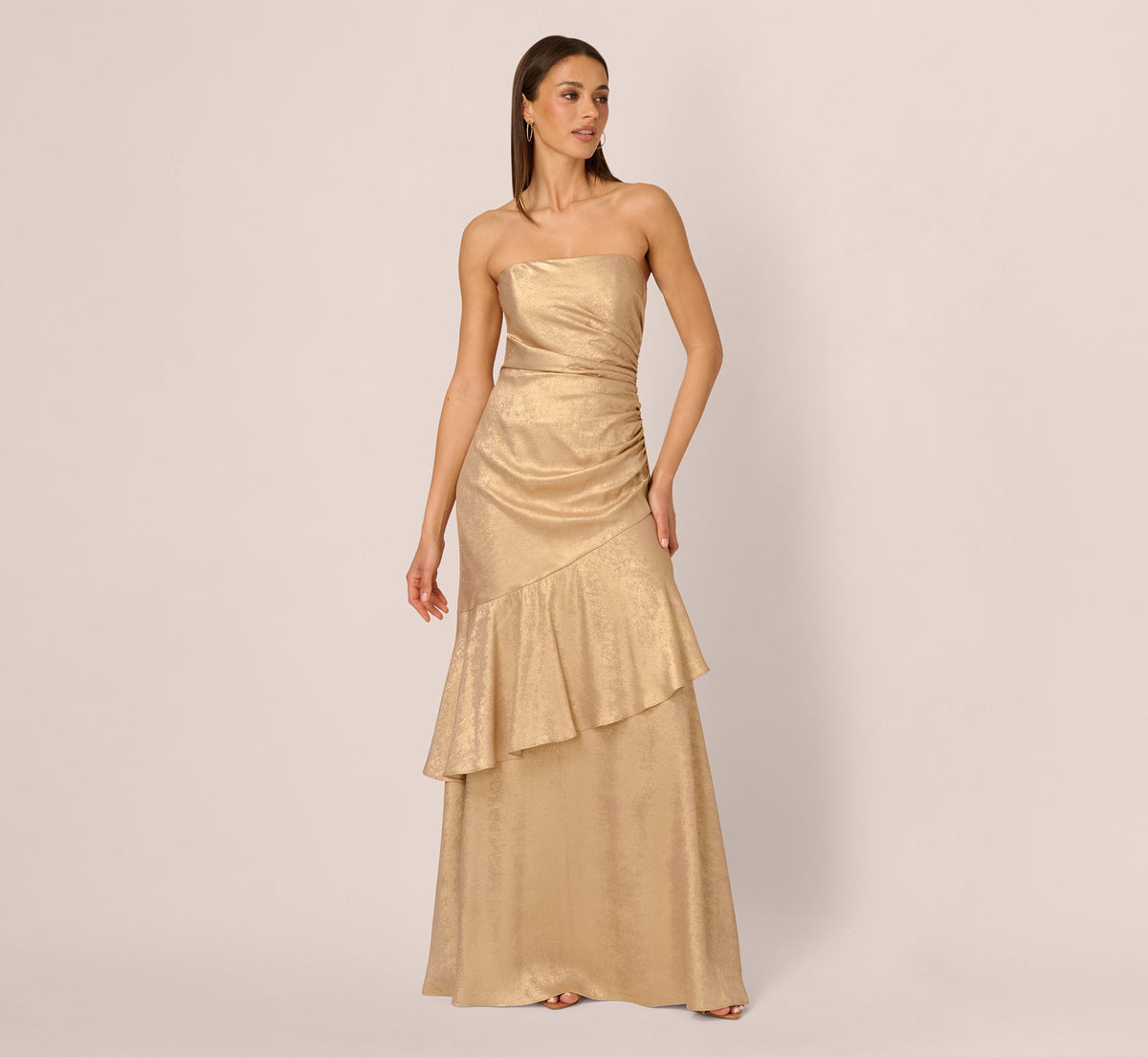 Strapless Foil Flounce Gown - Light Gold | Adrianna Papell
