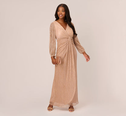 Metallic Crinkled Mesh Draped Long Gown - Light Gold | Adrianna Papell