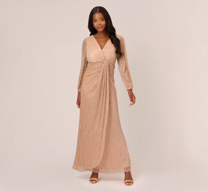 Metallic Crinkled Mesh Draped Long Gown - Light Gold | Adrianna Papell