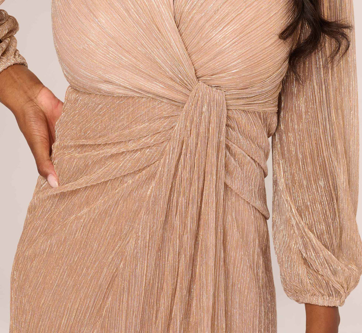 Metallic Crinkled Mesh Draped Long Gown - Light Gold | Adrianna Papell