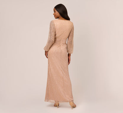Metallic Crinkled Mesh Draped Long Gown - Light Gold | Adrianna Papell