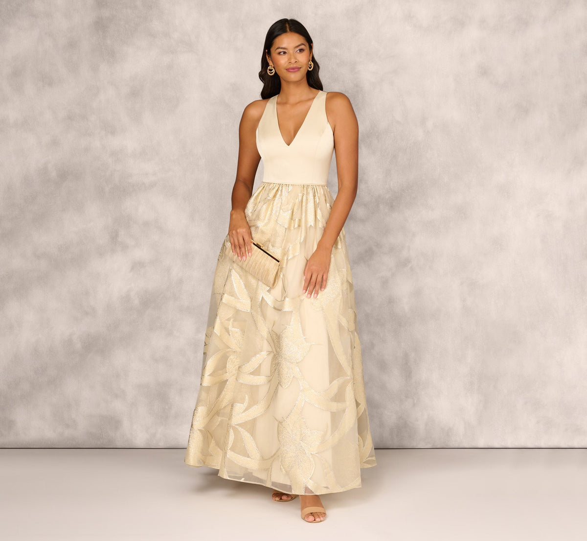 Metallic Jacquard Sleeveless Ball Gown With Crinoline Details - Light Gold | Adrianna Papell